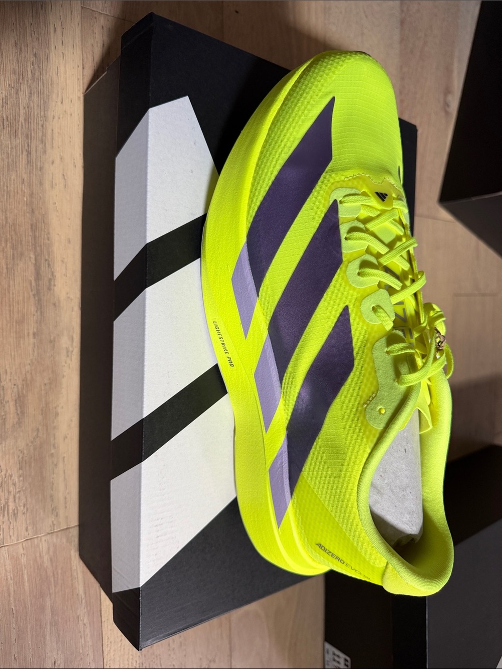 adidas Men’s Neon Yellow Athletic Running Shoes with Purple Stripes